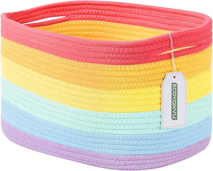 ECDYQXVU 15x10x9 Inch Woven Cotton Rope Storage Basket, 1 Pack | Foldable Design, Built-in Handles, Space-saving Organizer for Living Room, Bedroom, Laundry, Shelves, Clothes, Towels