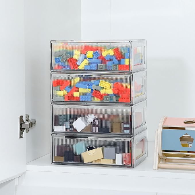 Clear Desk Drawer Organizers, 4 Drawers, Plastic | Stackable Desk Organizers and Accessories, For Marker Pen, Pencils, Stationery, For Home Office, Bathroom, Kitchen