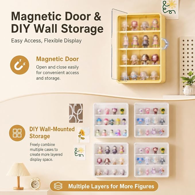Wall-Mounted Display Case for Blind Box Figures, Clear Magnetic Door Collectible Storage Cabinet, No-Drill Figure Organizer with Shelves, Small or Large, White, Yellow or Purple(White,Large)