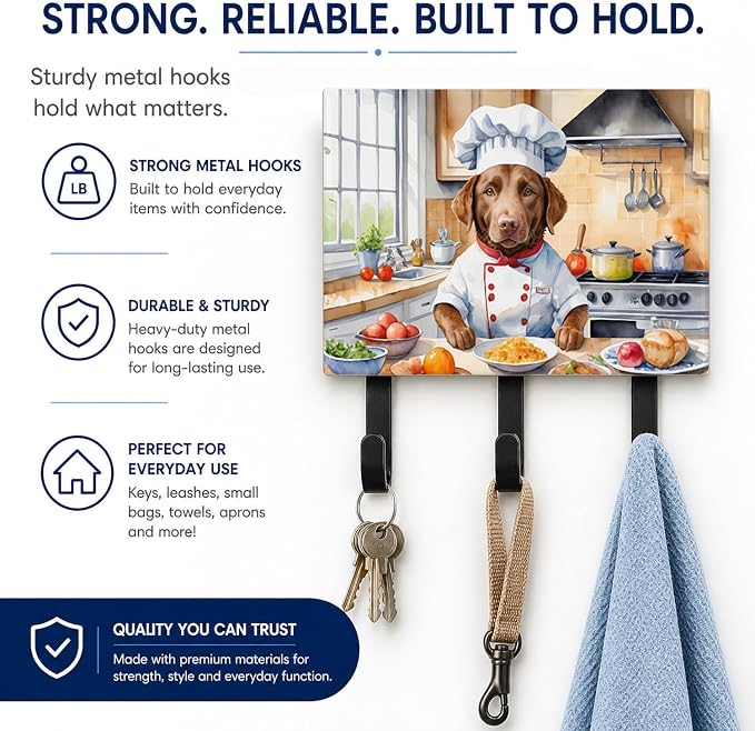 Caroline's Treasures Chesapeake Bay Retriever The Chef Leash or Key Holder Wall Hooks, Key Hooks Holder, Coat Rack Wall Mount, Coat Hooks, Hooks for Hanging Keys, Towels, Aprons, Leashes | Chesapeake Bay Retriever The Chef artwork on ceramic tile with ...