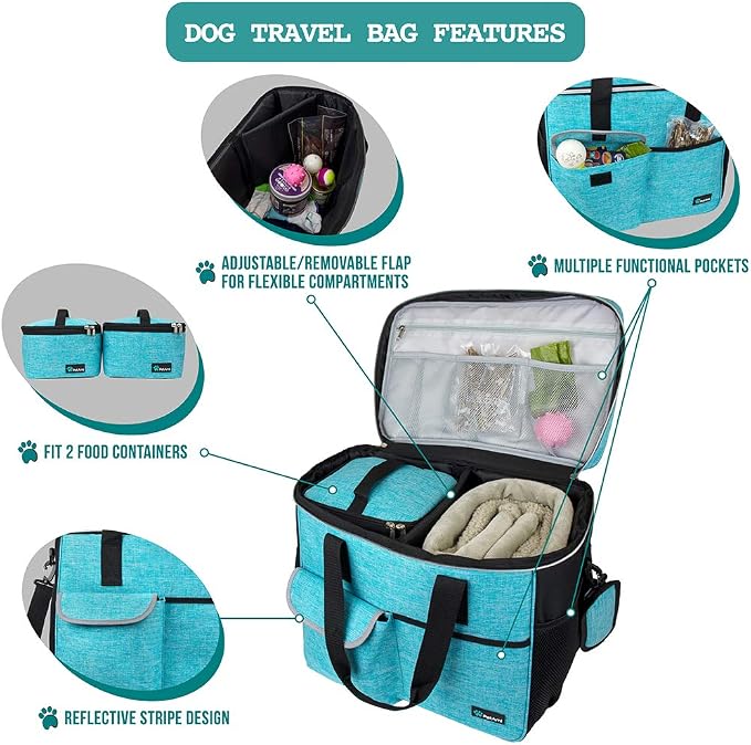PetAmi Dog Travel Bag Organizer, Pet Supplies Diaper Tote, Teal Blue Large | Pet Travel Kit with 2 Food Containers & 2 Collapsible Dog Bowls, Luggage Sleeve, Weekend Getaway Road Trip Camping Essentials