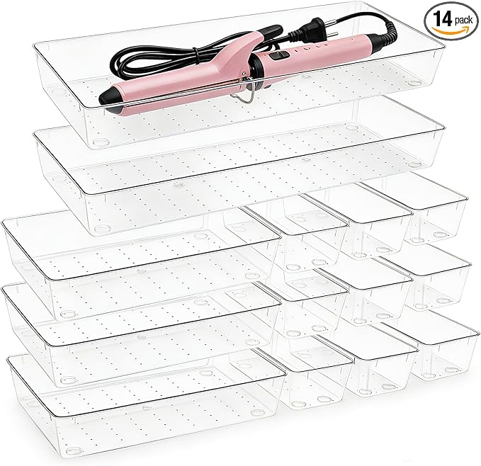 Manalete 14 Pcs Plastic Drawer Organizer with 2 pcs 15"x6" Vanity Organizer | Durable Clear PET Storage Bins Tray for Desk, Kitchen & Bathroom, Office, Makeup, Tools, Easy Clean, Stackable, BPA-Free