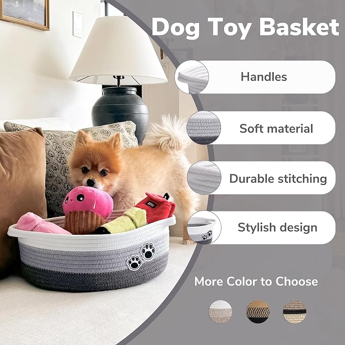 Woven Rope Dog Toy Basket with Paw Print, Mixed Grey | 12"x 8" x 5" Small Dog Toy Bin & Box with Handles, Fits Living Room Bedroom Nursery Organization, Gift Basket Empty for Pets