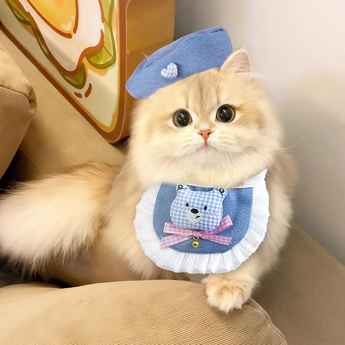 HOWWFALY Adorable Cat Princess Costume Blue Cat Beret with Little Heart & Bear Bib Scarf Bell Bow Set, Adjustable Pet Costume for Halloween Christmas Birthday Parties