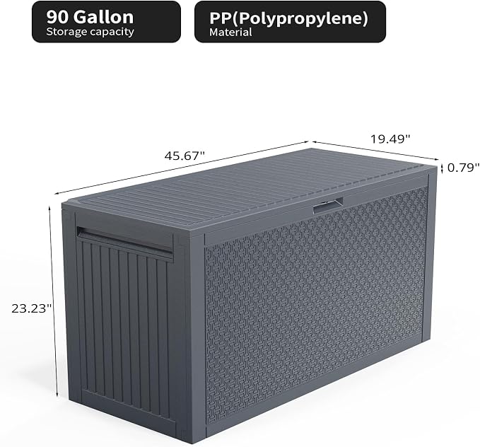 90 Gallon Outdoor Storage Box with Maze Texture, Waterproof Resin Deck Box for Patio Furniture Cushions, Lockable & Weather Resistant Garden Bin for Pool Toys & Tools, Grey