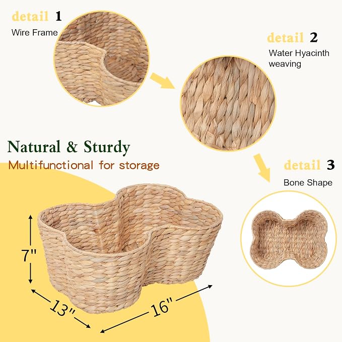 Water Hyacinth Dog Toy Basket, Bone Shaped Dog Toy Storage Basket, Pet Toys Organizer Bin, Handmade 16" x 13" x 7"