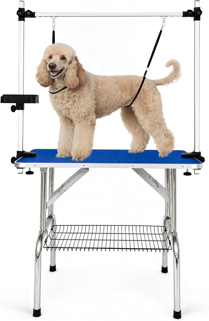 36" Foldable Dog Grooming Table with Adjustable H-Frame Arm & 2 Nooses, Heavy-Duty Stainless Steel Frame, Non-Slip Top, Tool Caddy and Mesh Tray, Blue