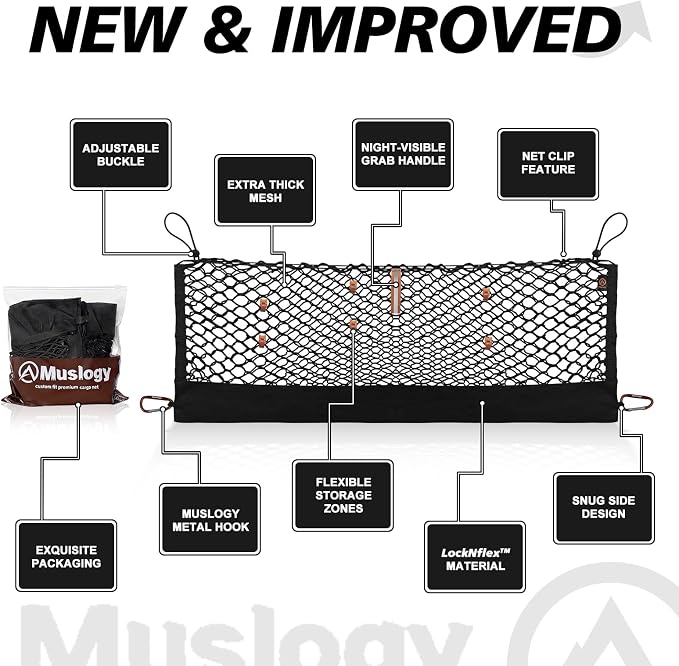 Muslogy Cargo Net for 2022-2025 2026 Jeep Grand Cherokee WL (2-Row) | Custom Fit, Trunk Storage Organizer Net for SUV Sedan Van Divider, with Heavy Duty Carabiners, Night Visible Grab Handle