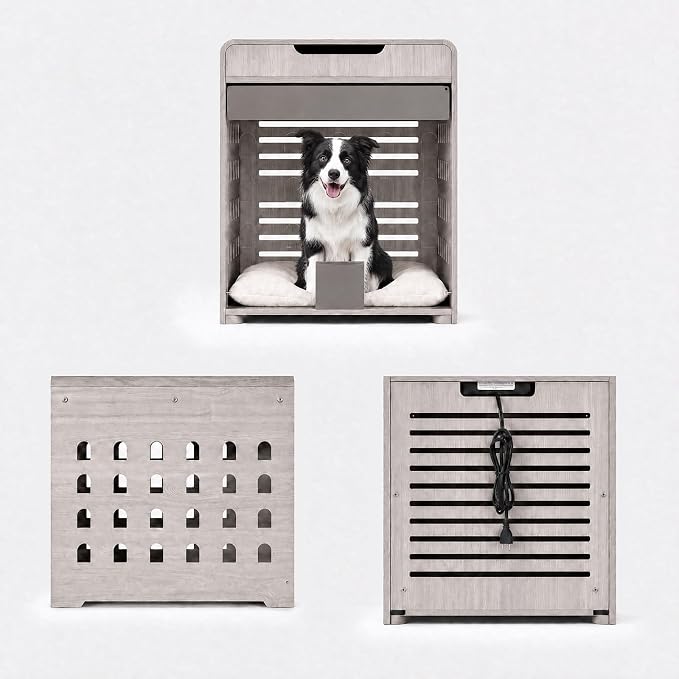 Modern Dog Crate Furniture Wooden Kennel Charging Station End Table Grey | Nightstand, Dog Cage Indoor, up to 110 lb, Flip-Up Acrylic Door, Storage Drawer, for Large Medium Dogs, Living Room Bedroom