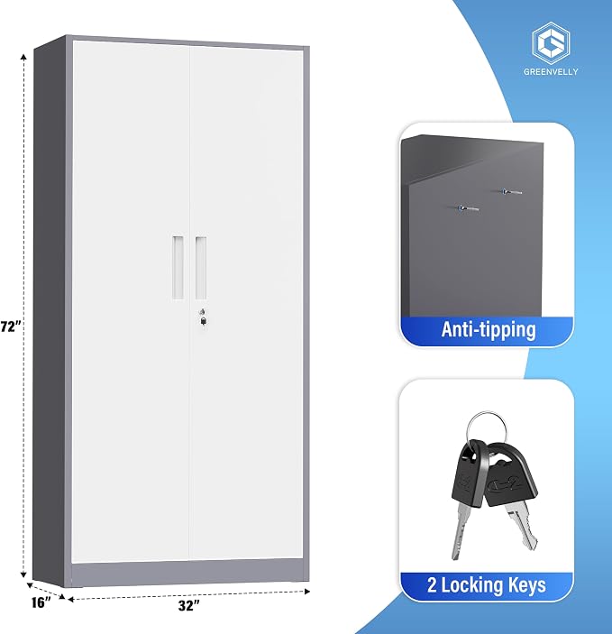 Greenvelly Metal Garage Storage Cabinet, 72" Steel Locking Storage Cabinet with 2 Doors and 4 Adjustable Shelves, Metal Tool Cabinets, Lockable File Cabinets for Home Office, Garage (Gray White)