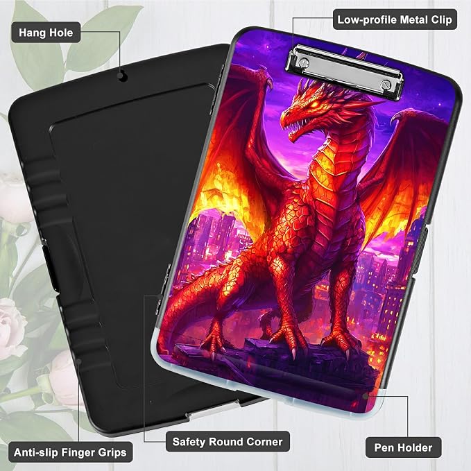 A4 Clipboard with Storage Pen Holder, Clipboards Organizer Nursing Clipboard Foldable File Folder Plastic Clipboard Folio Clip Board for Office Work Classroom Doctor, Purple Red Dragon