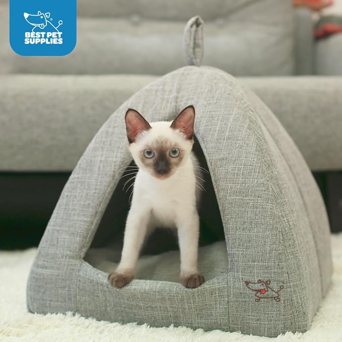 Best Pet Supplies Cat Bed for Indoor Cat, Domed Tent House with Removable Pillow, Covered Cat Cave for Small Dog, Puppies and All Breeds of Cats - Gray Linen, 16 x 16 x H:14"