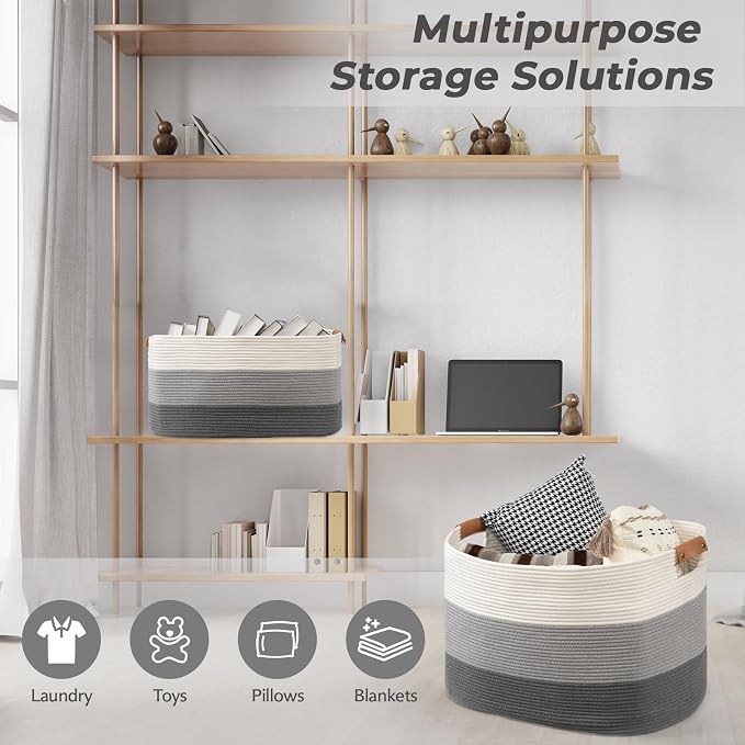 danpinera Rectangle Blanket Storage Basket, 50L Large Decorative Basket Living Room, Storage Bin with Handle, Woven Rope Hamper for Toy Organizing & Laundry, 18.11’’*14.17’’*11.81’’ Gradient Grey