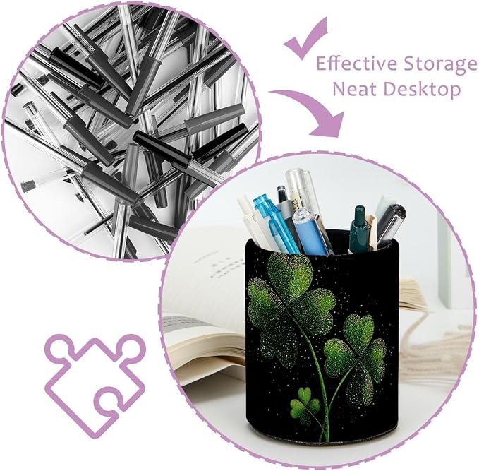 Faux Leather Pen Holder for Desk, Pencil Organizer Shamrock Pen Cup Desk Decor Makeup Brush Holder Storage for Office Home