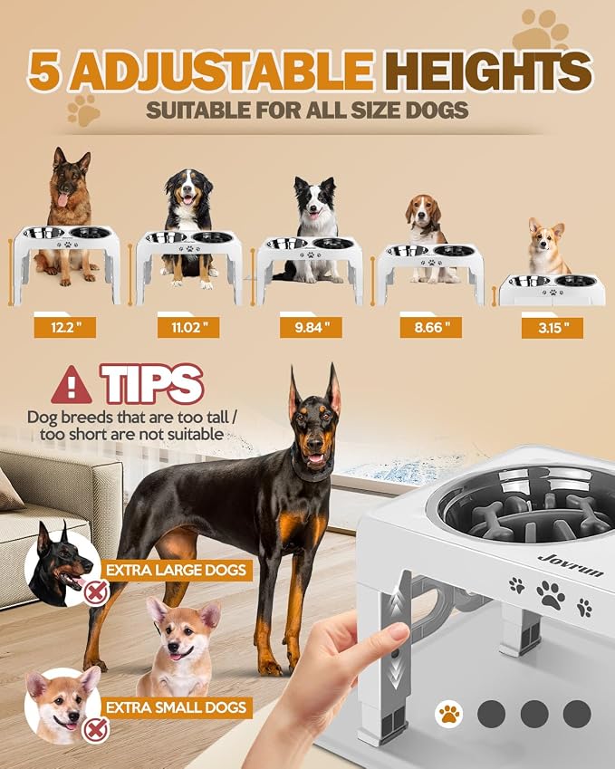 Jovrun Elevated Dog Bowls for Medium Large Dogs with Mat, Non-Slip Dog Feeder with 1*Stainless Steel Dishes & 1*Slow Feeder Bowl, 5 Heights Adjustable Raised Bowls for 3.15″-8.66″-9.84″-11.02″-12.2″