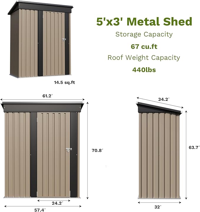 Patiowell 5x3 FT Outdoor Storage Shed, Brown | Tool Shed, Sloping Roof, Lockable Door, Metal Shed for Backyard Garden Patio Lawn