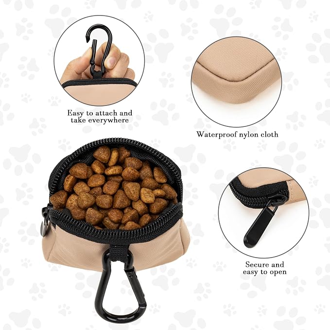 Dog Treat Pouch Pocket Sized Pet Puppy Training Pouch for Dog Training Behavior Aids, Waterproof Nylon Fabric Dog Poop Bag Holder, Hands Free Dog Walking Bag with Metal Carabiner (Coffee)
