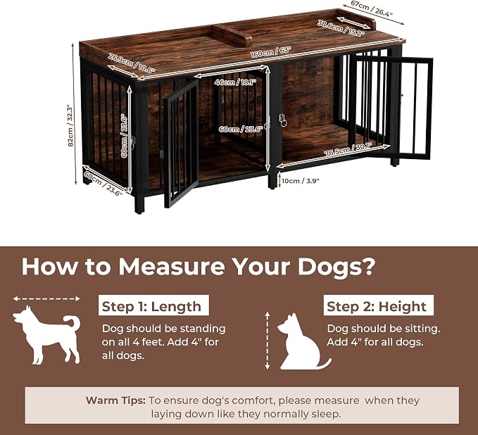 BOINN 63" Heavy Duty Dog Crate Furniture with 4 Doors, Removable Divider & Openable Top, Indoor Dog Kennel with Raised Edge Tabletop, Double Dog Cage for Medium Large Dogs, Decorative Pet Crate