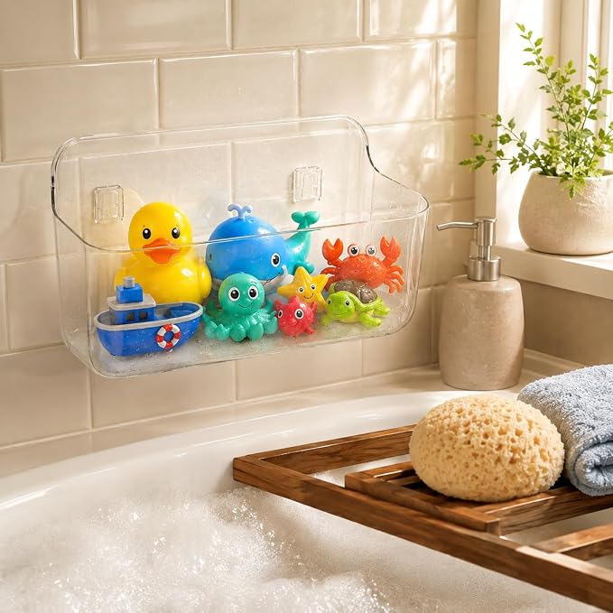 Bath Toy Organizer 2 Pack, Clear Bins with 4 Adhesive Hooks | Clear PET bath toy storage for bathtub and shower; large open bins mount without drilling and detach for easy cleaning.