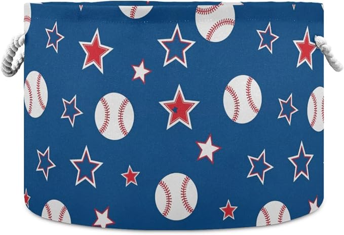 DOMIKING Large Storage Basket for Toys Blue Baseball Stars Storage Bin Box Organizer Basket for Home Decor Pet Toy Blankets Nursery