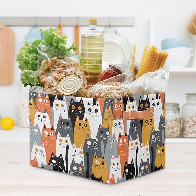 AUUXVA Storage Basket Cute Animal Cat Pattern Storage Cube Box Durable Canvas Collapsible Toy Basket Organizer Bin with Handles for Shelf Closet Bedroom Home Office