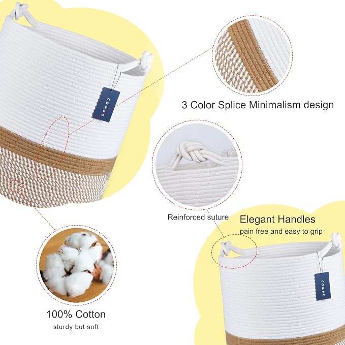 COMSE Tall Woven Blanket & Laundry Basket, 72L, Blend White & Camel | 15.7”x 21.7”, Cotton Rope, Large Nursery Hamper for Storage of Toys Clothes Towels, Great for Living Rooms Bedrooms Bathrooms