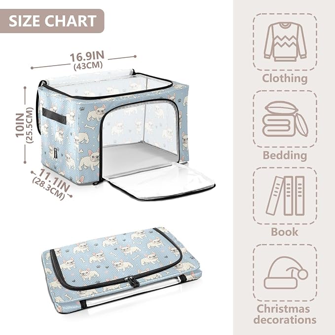 Cute Pets Dogs Blue print Under Bed Storage Containers with Double Zipper Openings, Foldable Clothes Storage Bins with Clear Window and Handles for Comforters Bedding Blankets