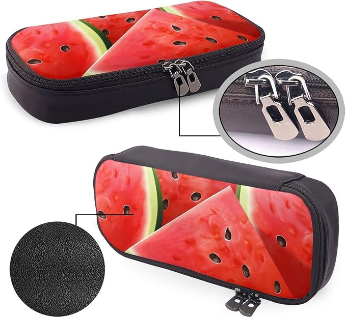 Leather Pen Case with Zipper - Aesthetic Pen Holder Watermelon Slice Pencil Case for Women & Men - Handcrafted Pencil Bag Multi-Functional Travel Cosmetic Case for Work Office Tool Pouch