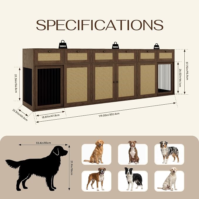 PureCozy 3-Piece Double Dog Crate Furniture, 120 Inch, Dark Oak | Left and right kennels for 2 dogs plus center cane storage cabinet; metal sliding doors and 6 total drawers.