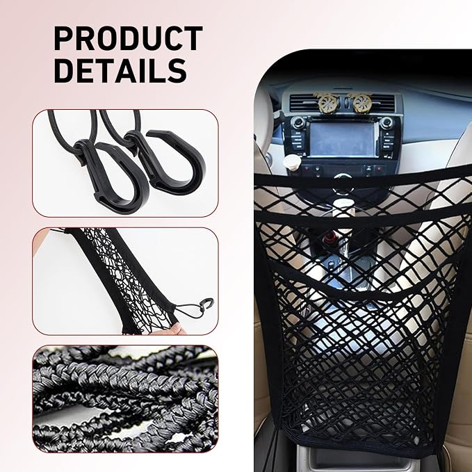 3-Layer Car Mesh Organizer, Front Seat Back Net Bag, Stretchable Kid Dog Car Net Barrier Pet Divider Storage, Universal Hanging Storage Netting Pouch for Most Auto, Sedan, SUV