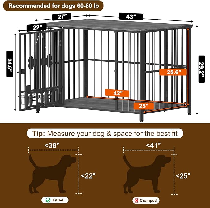 Easycom 43" Dog Crate Furniture Foldable, No Assembly Decorative Dog Kennel Indoor, XL Dog Crates for Large Dogs (60-80 lbs), Wooden Dog Cage with Adjustable Bowls and Name Tag, Dark Grey