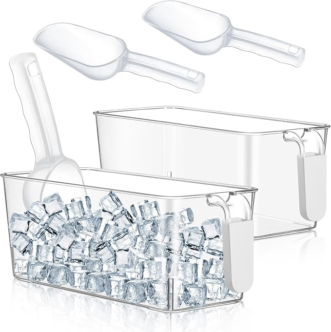 Havawish Ice Storage Bin and Flexible Scoop Set Plastic Freezer Bin | Freezer Ice Bin Scoop, Clear Bucket Container, Pull Handle, Flexible Storage, 10.83 X 4.92 X 4.33 in