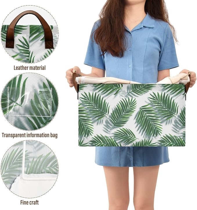 Tropical Green Palm Leaves Storage Basket Foldable Cube Storage Bins with Handles&Label Waterproof Collapsible Organizer Box Bin Large Rectangle Decorative Baskets for Shelves Home Room Laundry-2 PC