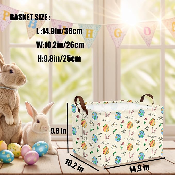 Large Cute Easter Basket for Kid Empty Gift Baby Rectangle Storage Bin Bunny Eggs Boy＆Girl Room Décor (Egg Rabbit Flower)
