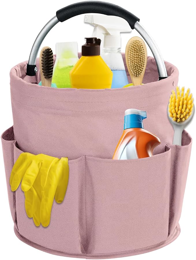 17L Cleaning Caddy with Handle, Cleaning Supplies Organizer, Foldable Storage Basket, Cleaning Supply Caddy, Portable Multi Cleaning Bucket Bag for Home, Garden (Pink)