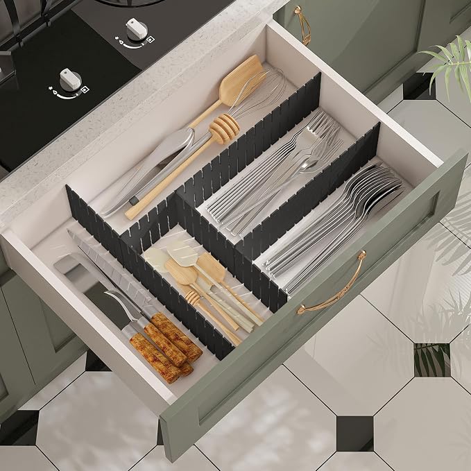 Adjustable Drawer Dividers, Cut to Fit Plastic Organizer Strips, 8-Pack | Plastic Drawer Dividers for Organizing Utensils Socks Underwear Makeup in Kitchen Bedroom Drawers Bins Fridge Compartments