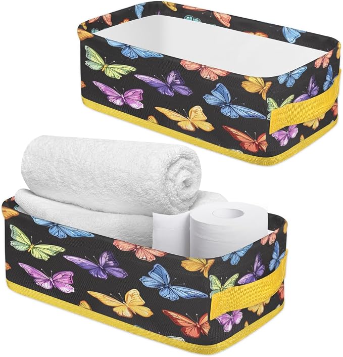 Colorful Butterflies Bathroom Storage Basket Waterproof Foldable Storage Bins with Handles Decorative Toilet Paper Storage Basket for Organizing for House Bathroom Toiletries
