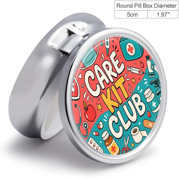 Care Kit Club Doodle Collage Round Pill Box with 3 Compartments, Portable Travel Pill Organizer with Spring Snap Closure for Vitamins Supplements Fish Oil