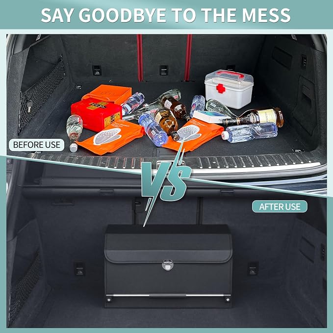 Car Trunk Organizer Leather Car Storage Organizer with Lid Car Organizer | Suv Trunk Organizer with Sturdy Handle Car Cargo Storage Box for Minivan, Sedan, Jeep (Black, 20.47 x 11.4 x 12.2in)