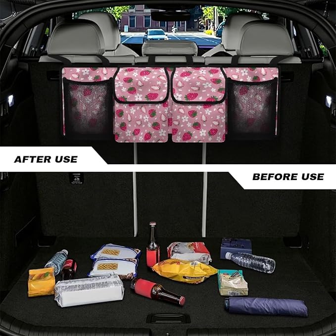 Dreaweet Strawberry Trunk Organizer for Car Women Cute Car Storage Accessories Interior Car Trunk Organizer Back Seat Hanging Storage with 4 Large Pockets,Hanging Trunk Organizer for SUV Car Sedan