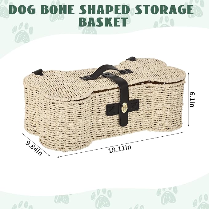 Bone Shaped Storage Basket Large Dog Toy Basket with Lid and Handles Dog Toy Bin Wicker Woven Bone Pet Organizer for Storing Frisbee Blankets Treats Pet Supplies