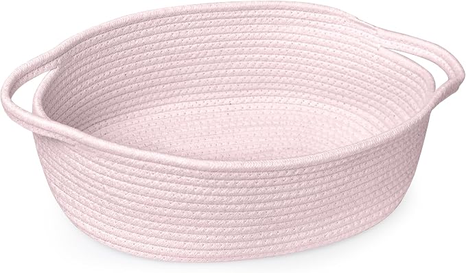 Pink Small Woven Basket, 13” x 9” x 5” Baskets for Gifts Empty, Cotton Rope Gift Basket, Cute Nursery Baby Organizer, Cat Dog Toy Bin Box, Wicker Storage Bin with Handle
