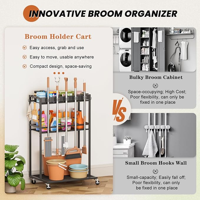 Broom Holder with Cleaning Supplies Organizer, Broom Closet Storage Cabinet with Mop Hanger Gripper Rack Hooks, Cleaning Housekeeping Janitorial Cart with Cleaning Caddy, Laundry Room Organization