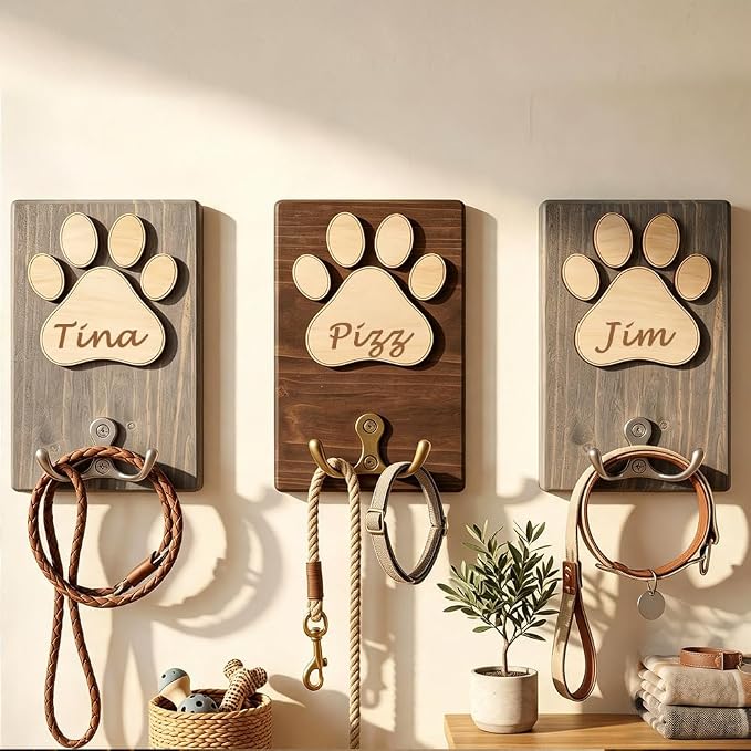 Personalized Wooden Paw Print Pet Leash Holder with Custom Name Engraving – 5 Color Options, Wall-Mounted Dog Collar & Leash Organizer for Entryway, Mudroom or Pet Lover’s Gift