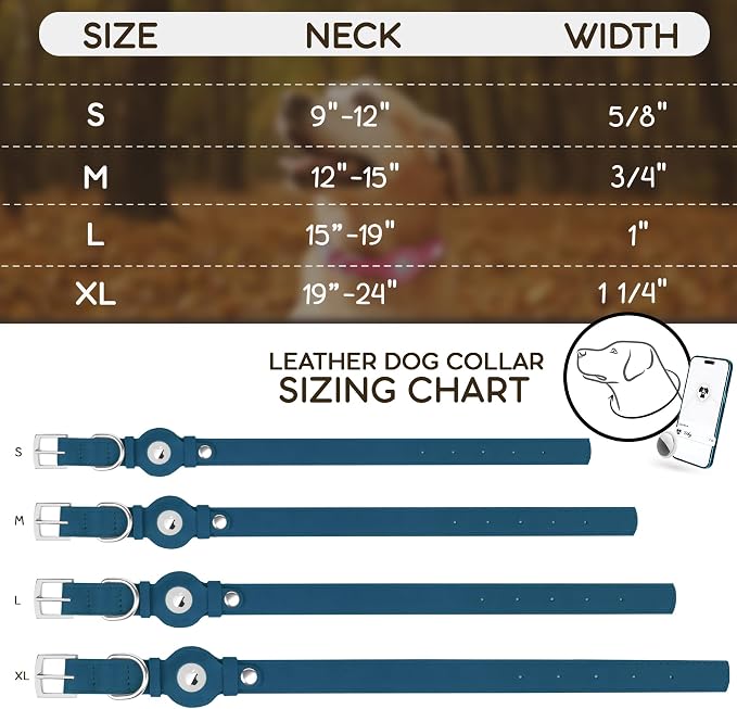 Leather Dog Collar with Airtag Holder - Apple Air Tag Dog Collars - Soft Tracking GPS Pet Collar for Small Medium Large Dogs Breed Puppy (Smoky Blue, S, 9"-12" Neck Fit)