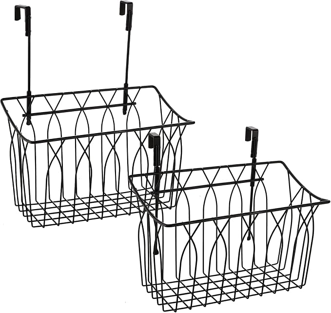 TOPZEA 2 Pack Grid Storage Baskets with Hooks, Metal Hanging Wire Basket Kitchen Over the Cabinet Door Organizer Caddy for Cutting Board, Kitchen Wrap, Foil, Cleaning Supplies, Bakeware, Towel