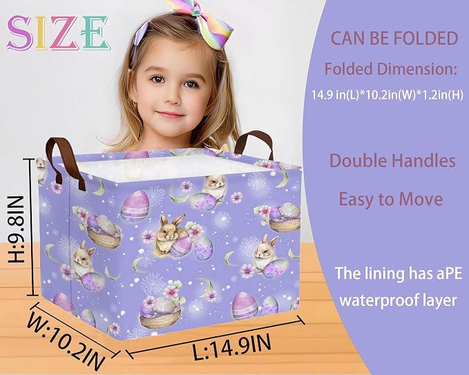 Large Rectangular Easter Baskets Empty Waterproof Boy Toy Box Foldable Kid's Gifts Storage Bin Spring Room Decor(Purple Fireworks Rabbit Egg)
