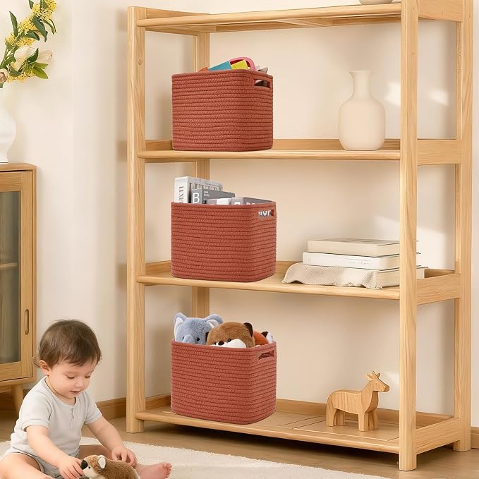 3 Pack Cube Storage Bin, 9”x9”x7” Cotton Rope Woven Baskets for Organizing Toys Clothes Towels, Square Gift Storage Baskets for Shelves, Nursery, Closet, Bathroom, Pantry (Red)