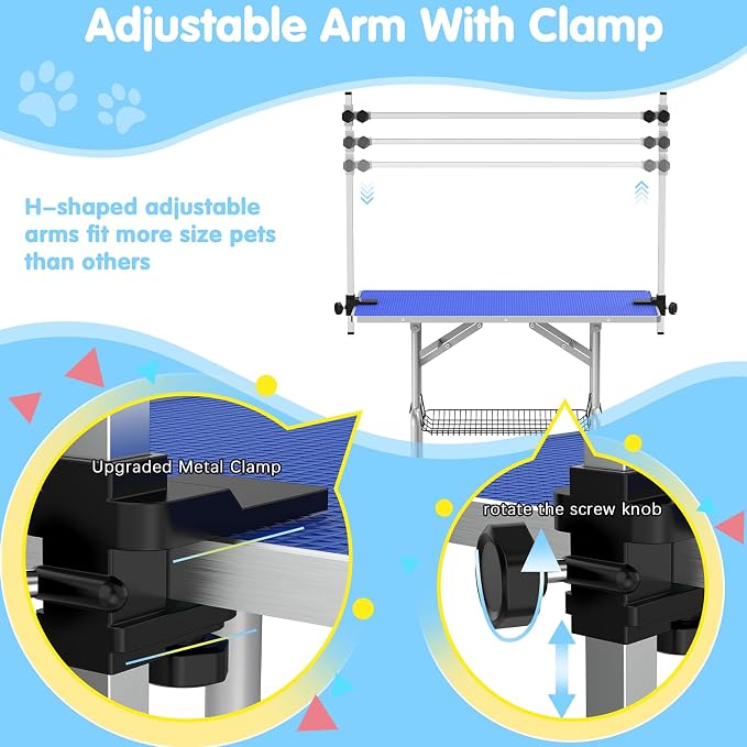 42'' Foldable Dog Grooming Table with Arms/Nooses/Mesh Tray, Blue | Stainless Steel Grooming Table for Dogs at Home, Adjustable Pet Bathing Station, Non-Slip Waterproof Tabletop, Capacity 330Lb