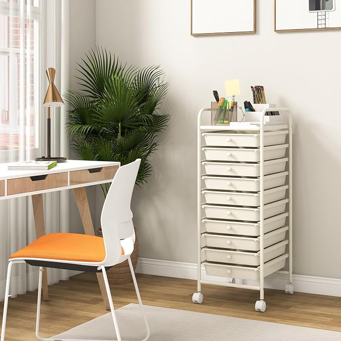 10 Drawer Rolling Storage Cart, Organization Cart on Drawers for Craft Makeup Paper Tool Art Supply, Versatile Utility Cart on Wheels for Home Office Classroom School (White)